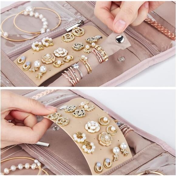 Travel Jewelry Case Organizer Foldable Jewelry Roll Storage Bag Pink for Earring - Picture 4 of 7